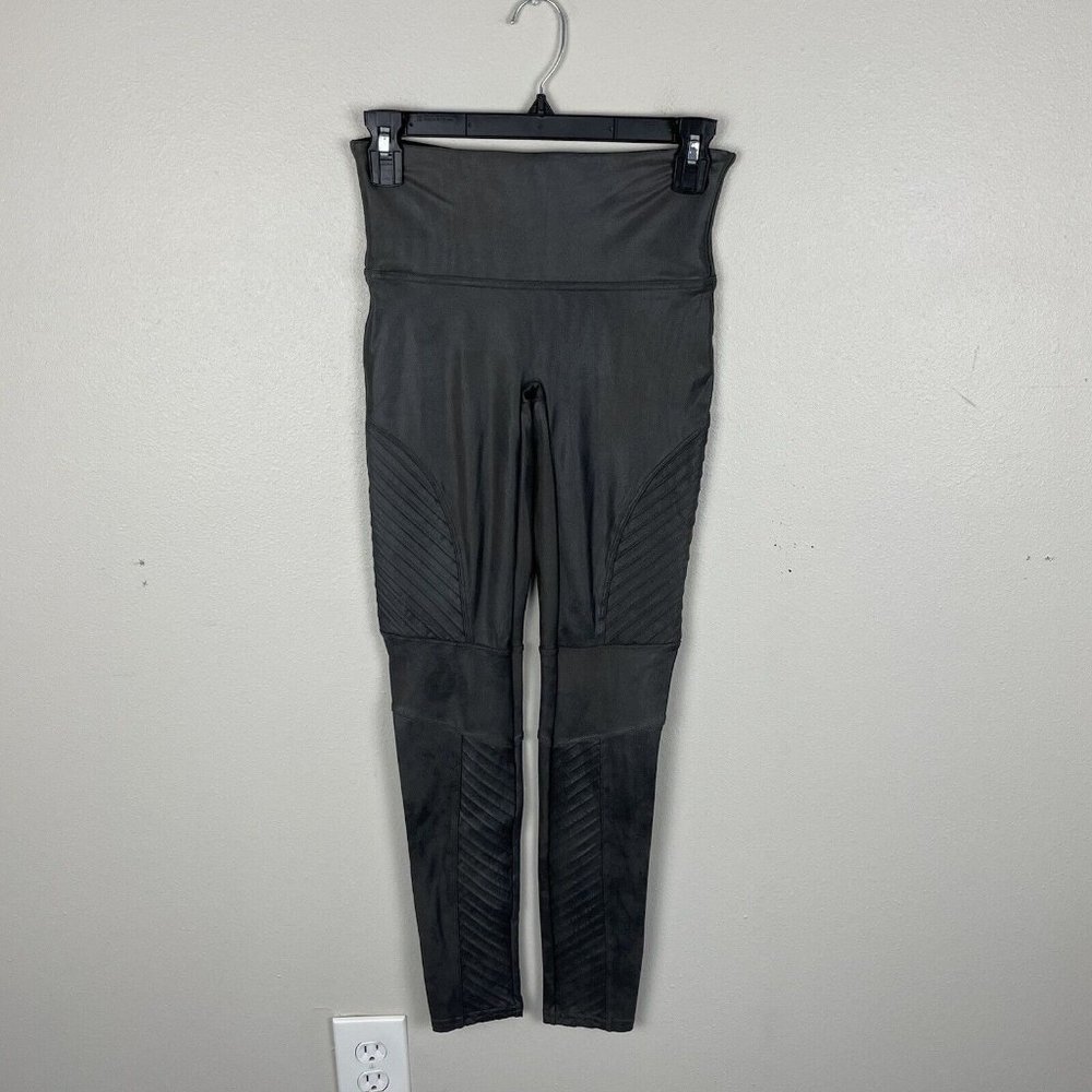 Spanx Faux Leather Moto Leggings Gunmetal Grey Women M Compression Shiny Stretch
